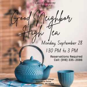an event graphic with a blue tea pot for a Good Neighbor High Tea event