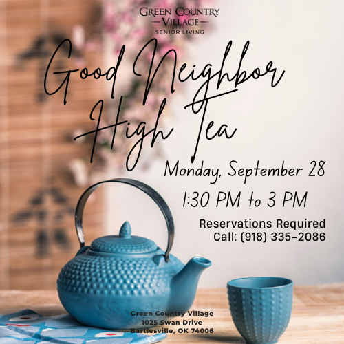 an event graphic with a blue tea pot for a Good Neighbor High Tea event