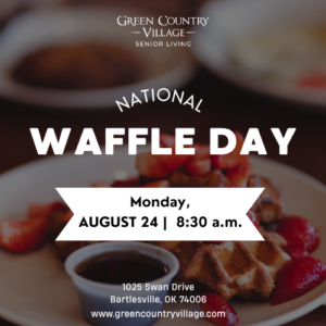 image with waffles and strawberries in the background for national waffle day event